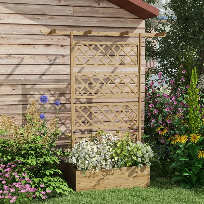 Outsunny Wooden Planter with Trellis Privacy Screen, Raised Garden Bed to Grow Vegetables, Herbs and Flowers, Natural