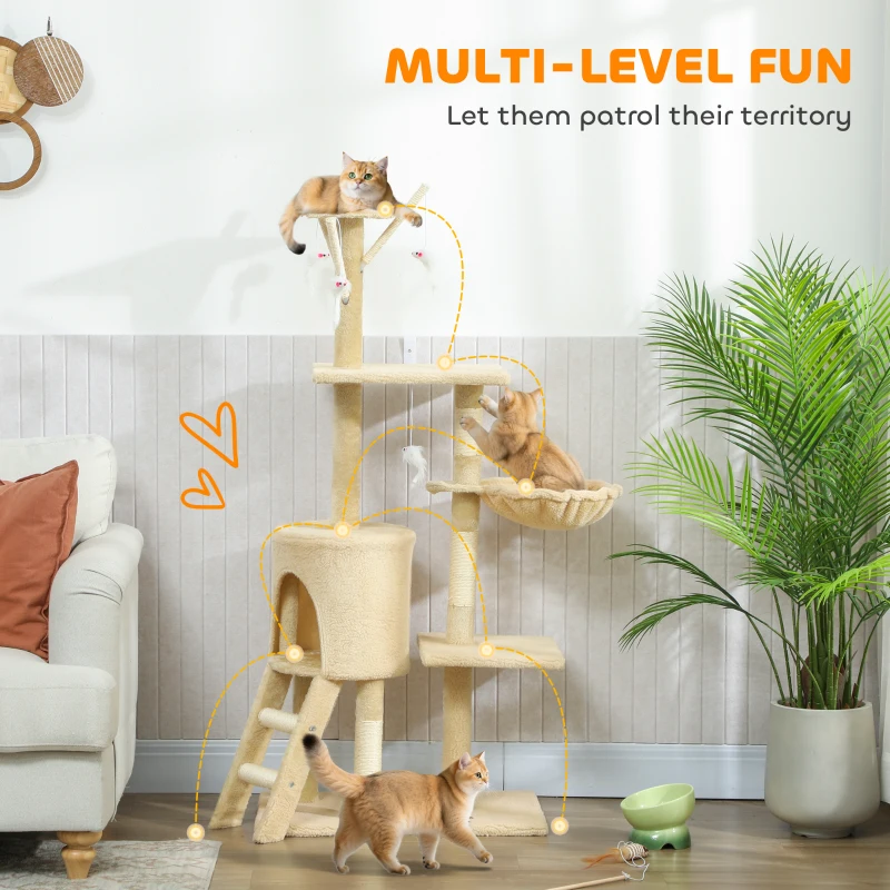 PawHut 53" Cat Tree Tower, Kitten Activity Centre with Scratching Posts, Condo, Perches, Ladder, Hammock, Dangling Toys, Beige