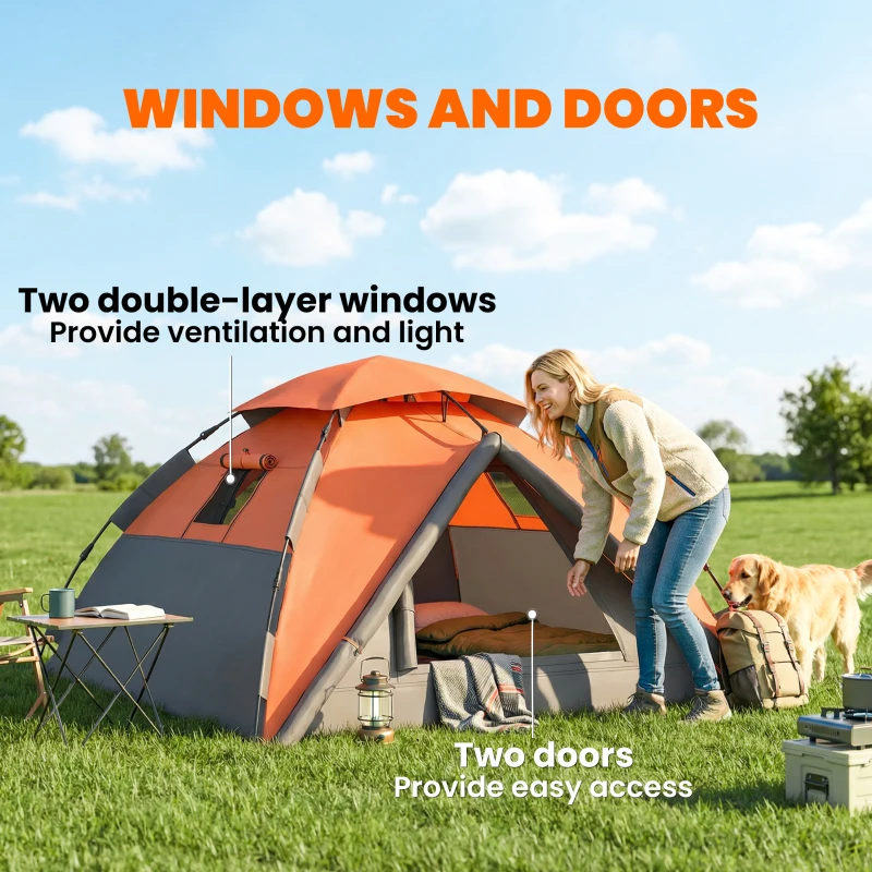 Outsunny Pop up Camping Tent, 3-4 Man Family Tent, 3000mm Waterproof, with Carry Bag and Top Hook, Dark Grey and Orange