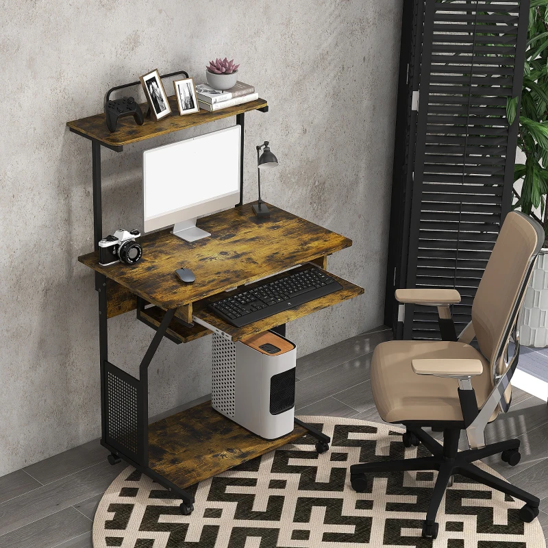 HOMCOM 32" Mobile Computer Table, Rolling Study Desk for Home Office with Keyboard Tray, Storage Shelves, Wheels, Rustic Brown