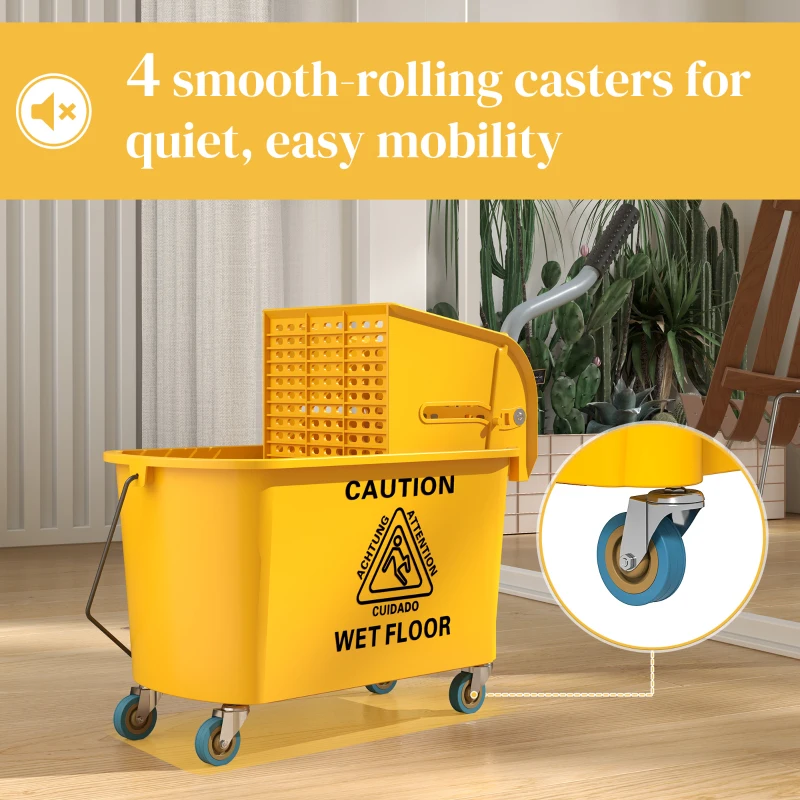 HOMCOM Mop Bucket with Wringer on Wheels for Floor Cleaning, 21 Quart Side Press Wringer with Handle and Mop, Yellow