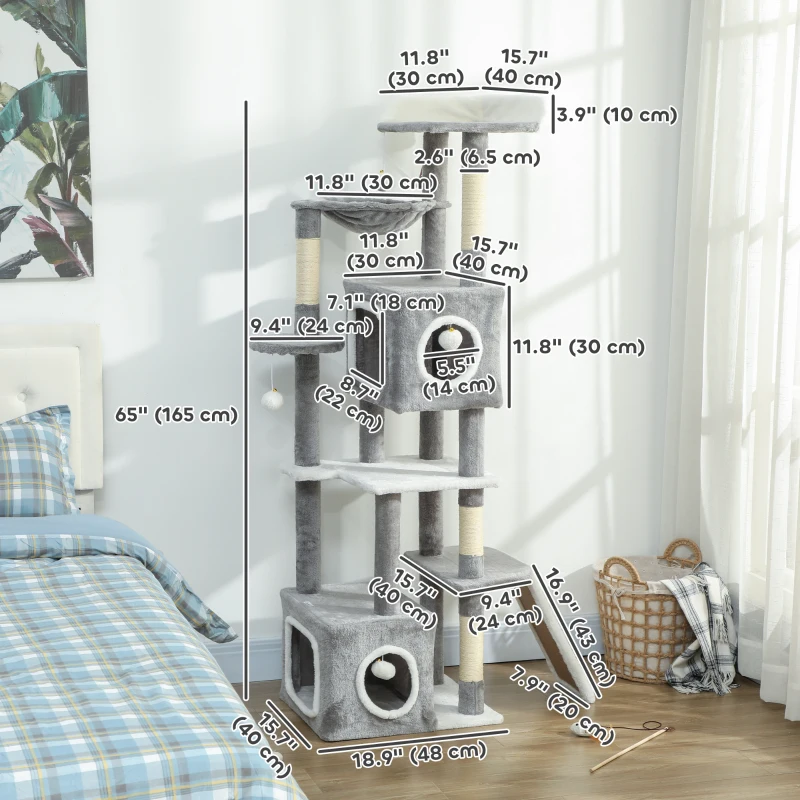PawHut 65 Inch Cat Tree with 2 Doors Condos, Plush Top Perch, Hammock, Sisal Scratching Posts, 4 Pompoms, Ramp, Grey