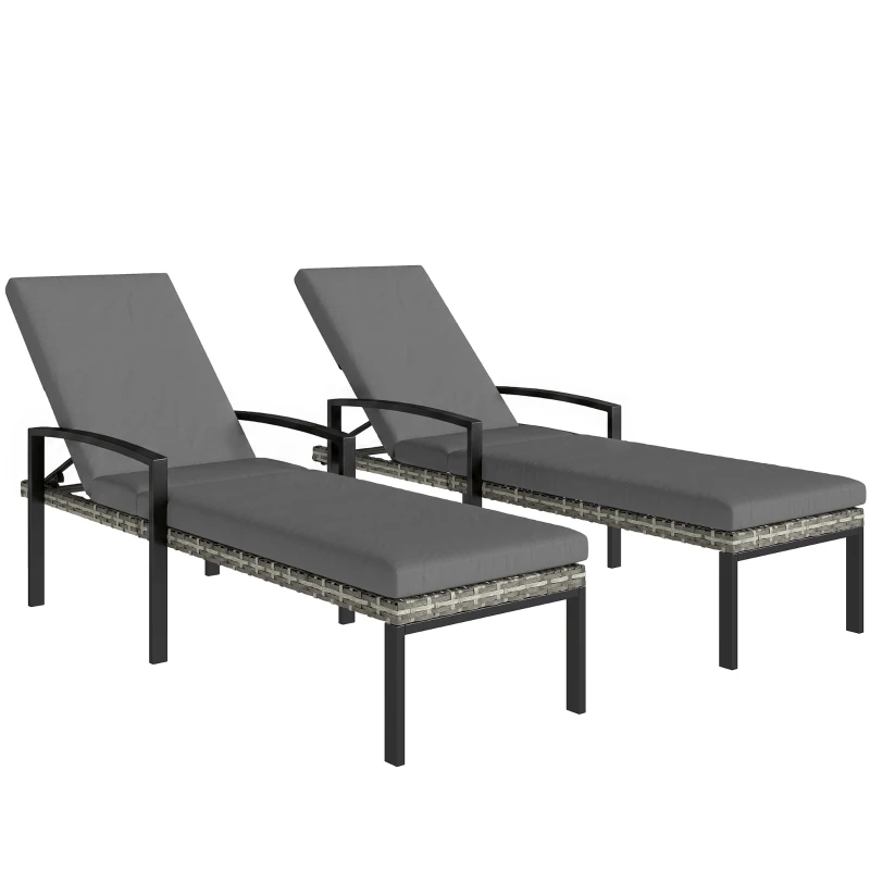 Outsunny Chaise Lounge Chairs Outdoor, Set of 2 Wicker Patio Lounge Chairs with 5-Level Adjustable Backrest, Cushion