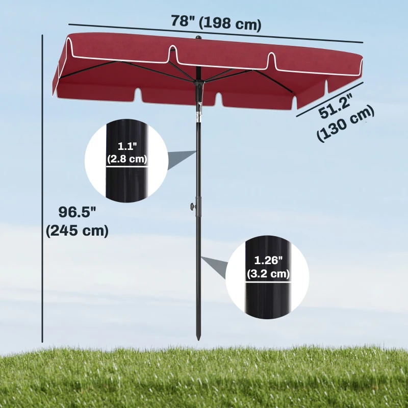 Outsunny 6.5x4ft Rectangle Patio Umbrella Aluminum Tilt Adjustable Garden Parasol Sun Shade Outdoor Canopy Red
