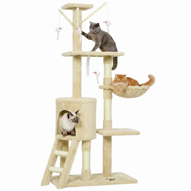 PawHut 53" Cat Tree Tower, Kitten Activity Centre with Scratching Posts, Condo, Perches, Ladder, Hammock, Dangling Toys, Beige