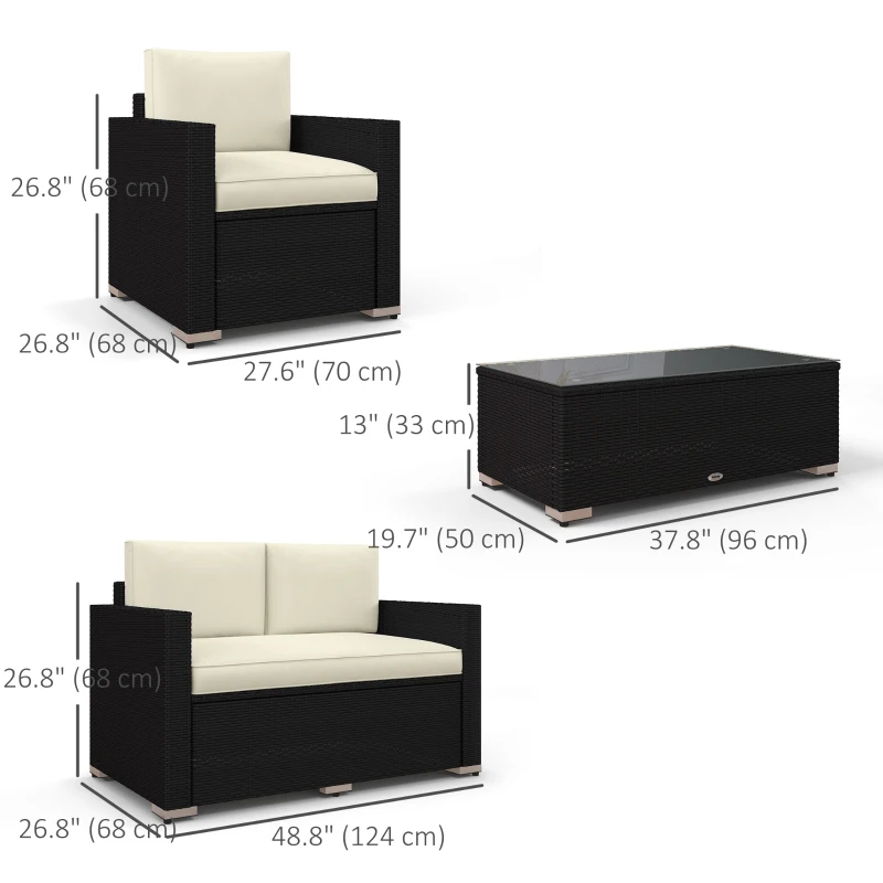 Outsunny Outdoor Furniture with Table, Wicker Furniture with Loveseat and 2 Chair for Garden, Poolside, Cream