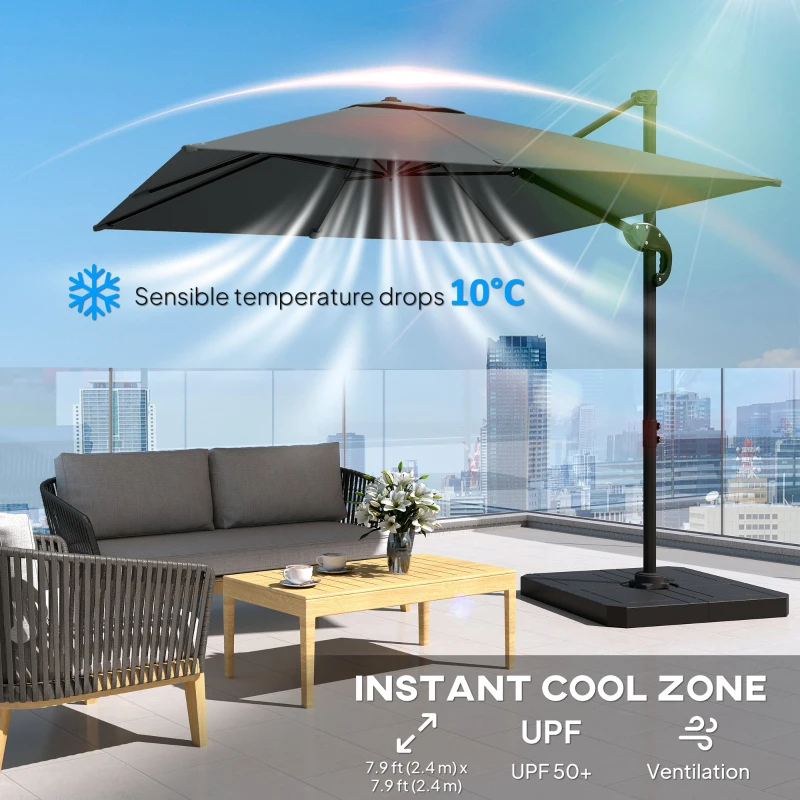 Outsunny 8' x 8' Offset Cantilever Patio Umbrella with Base Weights, UPF50+ Cantilever Parasol with 360° Rotation, Dark Grey