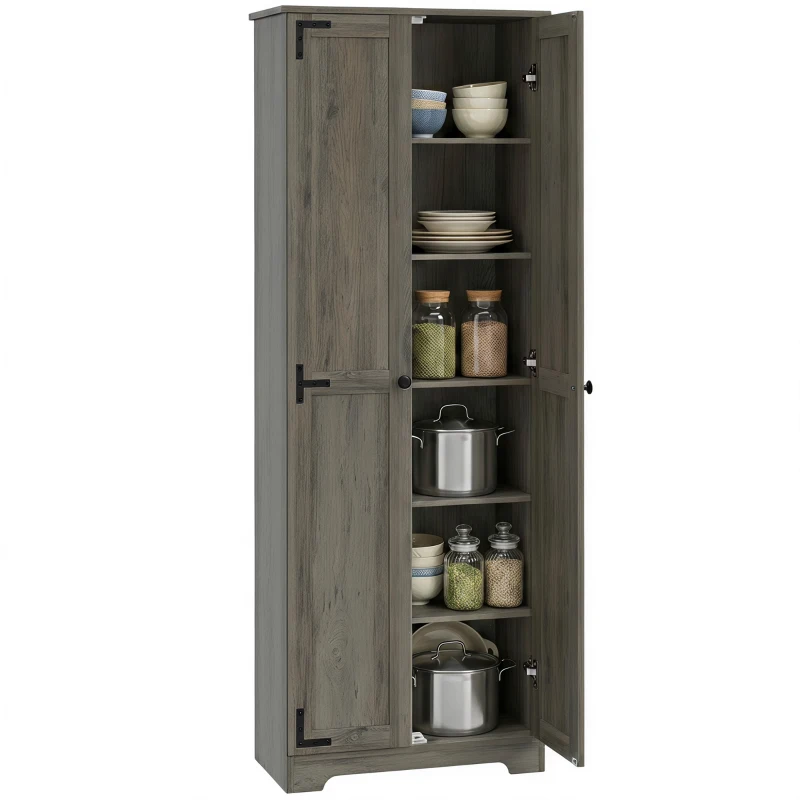 HOMCOM 67" Farmhouse Pantry Cabinet with 2 Doors, Tall Storage Cabinet with Adjustable Shelves, Distressed Grey