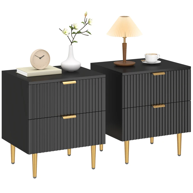 HOMCOM Bedside Table Set of 2, Modern Nightstand with 2 Drawers, Side End Table with Metal Legs for Living Room, Bedroom, Black