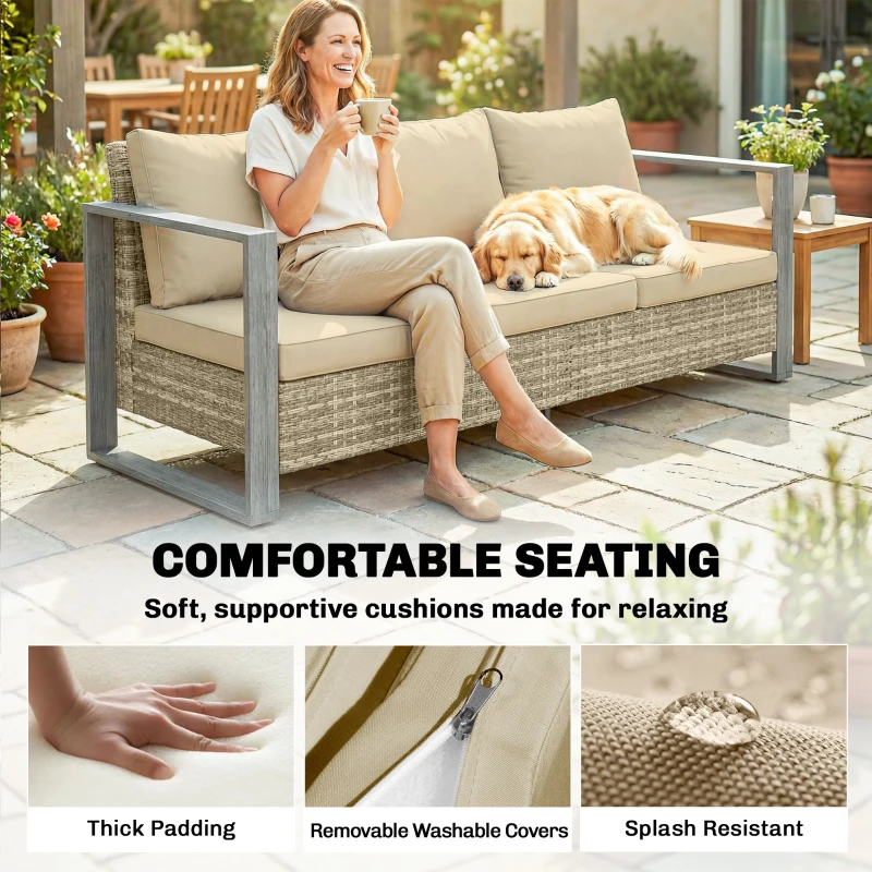 Outsunny 3-Seater Outdoor Couch, PE Wicker Patio Sofa with Deep Seat, Wood-Effect Aluminum Armrests, Cushions, Khaki