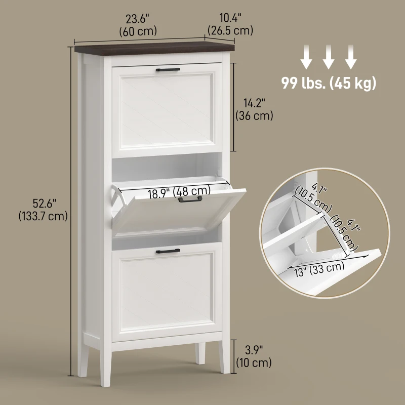 HOMCOM Shoe Cabinet with 3 Flip Drawers, Farmhouse Narrow Shoe Storage Cabinet with Adjustable Shelves, White