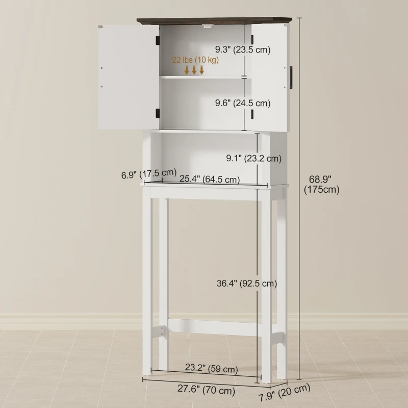 HOMCOM Over The Toilet Storage, Bathroom Cabinet Over Toilet with Open Shelf and Adjustable Bottom Bar, White