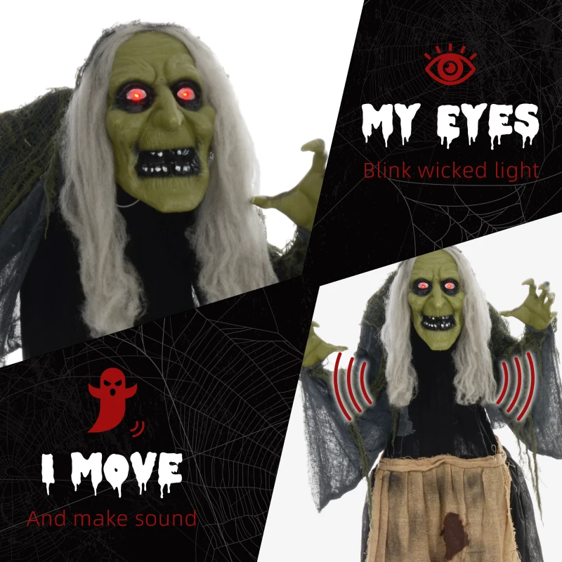 Outsunny Witch Halloween Animatronic Halloween Animatronic with Sound Activated, Light Up Eyes