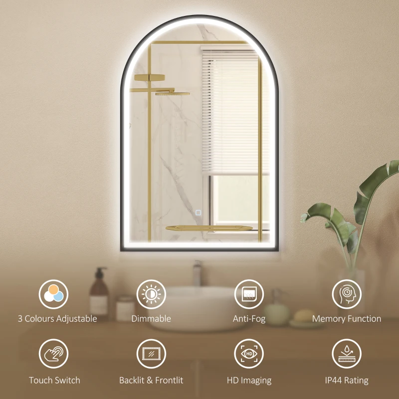 HOMCOM 24" x 36" LED Bathroom Mirror, Arched Tempered Glass Wall Mirror, Anti-Fog, Dimmable, Memory Function, Black