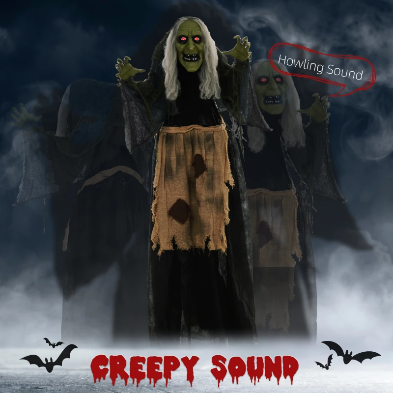 Outsunny Witch Halloween Animatronic Halloween Animatronic with Sound Activated, Light Up Eyes