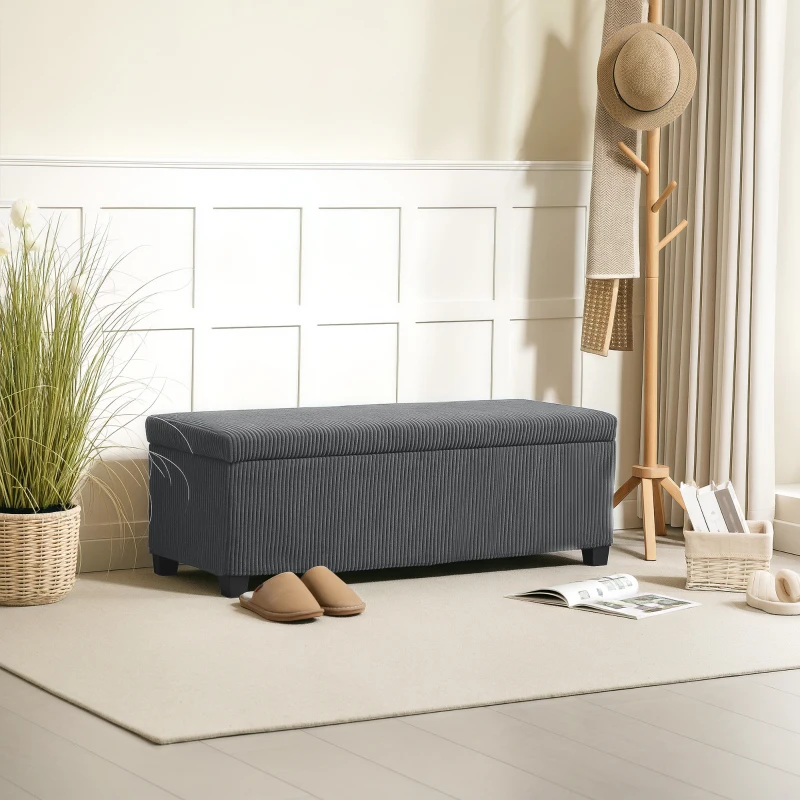 HOMCOM 44 Inches Ottoman with Storage, Lid, Legs, Corduroy End of Bed Bench for Living Room, Bedroom, Entryway, Grey