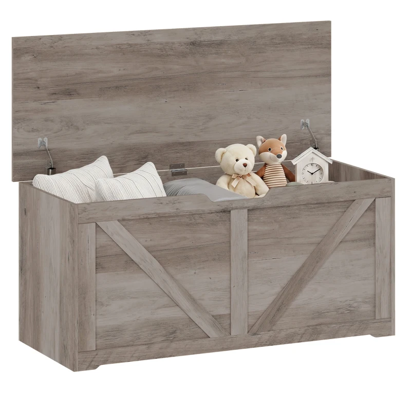 HOMCOM 39.4 Inches Storage Chest, Storage Trunk with 2 Safety Hinges for Living Room, Grey Wood Grain