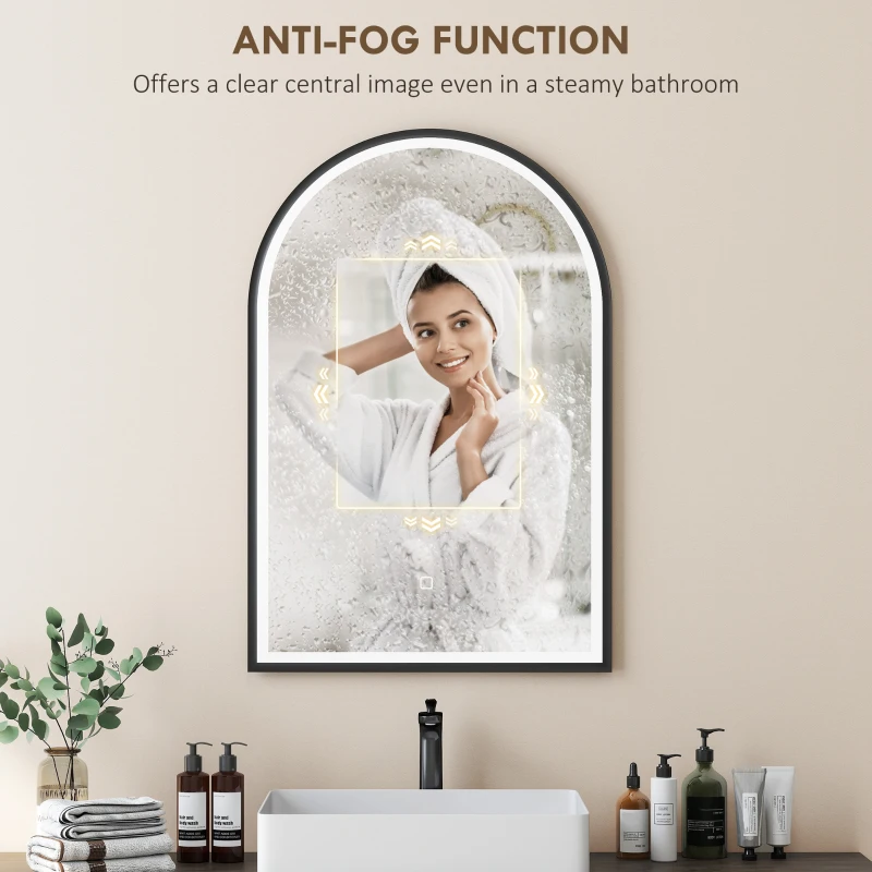 HOMCOM 24" x 36" LED Bathroom Mirror, Arched Tempered Glass Wall Mirror, Anti-Fog, Dimmable, Memory Function, Black