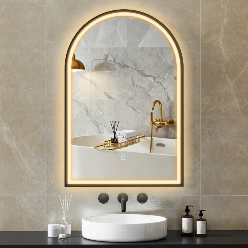 HOMCOM 24" x 36" LED Bathroom Mirror, Arched Tempered Glass Wall Mirror, Anti-Fog, Dimmable, Memory Function, Black