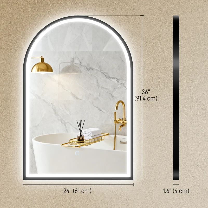 HOMCOM 24" x 36" LED Bathroom Mirror, Arched Tempered Glass Wall Mirror, Anti-Fog, Dimmable, Memory Function, Black