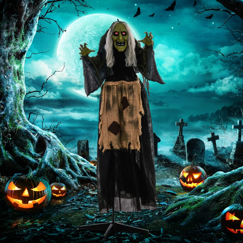 Outsunny Witch Halloween Animatronic Halloween Animatronic with Sound Activated, Light Up Eyes