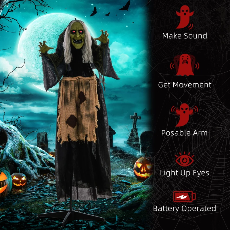 Outsunny Witch Halloween Animatronic Halloween Animatronic with Sound Activated, Light Up Eyes