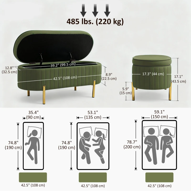 HOMCOM Upholstered Bedroom Bench, Channel Tufted Ottoman Bench with Thick Padding and Metal Legs, Dark Green