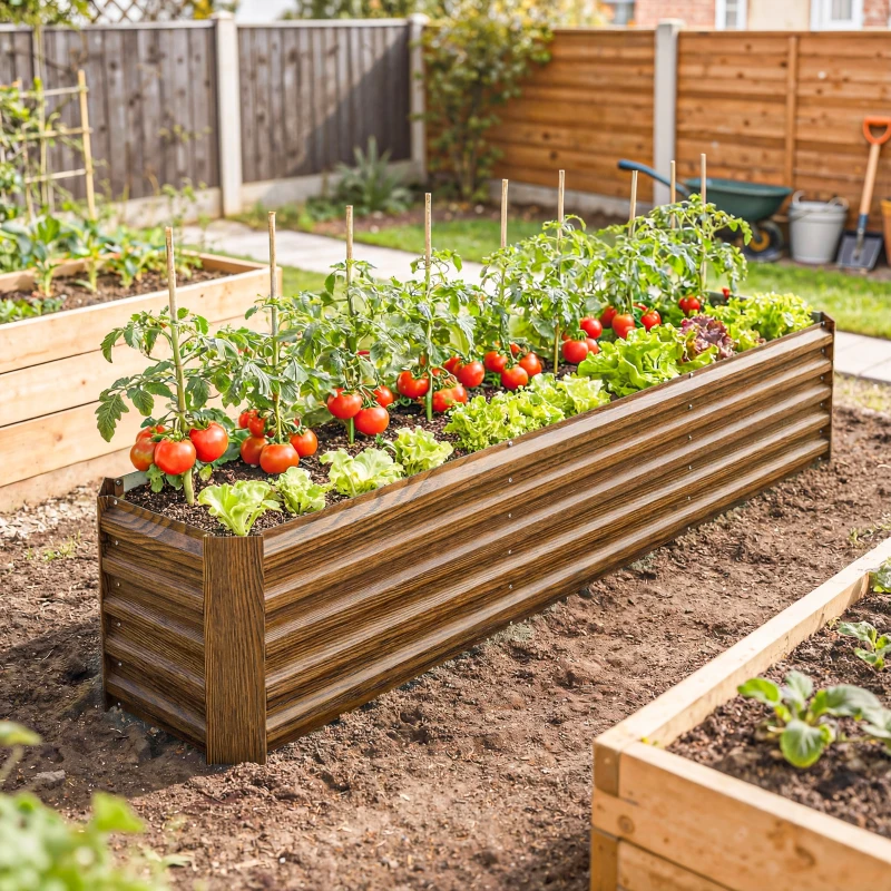 Outsunny 8 x 1.3 x 1.5ft Galvanized Raised Garden Bed, Reinforced Outdoor Planter Box with Open Bottom, Brown Wood Effect