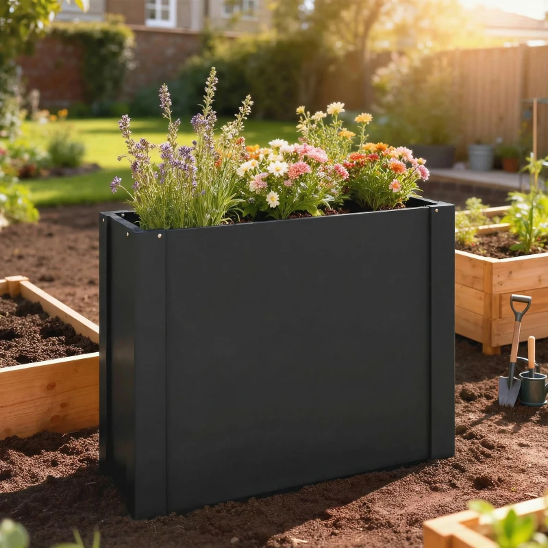 Outsunny Raised Garden Bed Galvanized Planter Box Outdoor with Gloves for Gardening Vegetables, Flower, Herb, 2.6 x 1 x 2 ft, Black