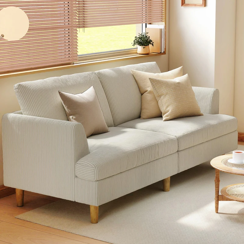 HOMCOM 3 Seater Sofa, 74" Modern Corduroy Upholstered Couch with Thick Spring Cushions, Solid Wood Legs, Armrests, Beige