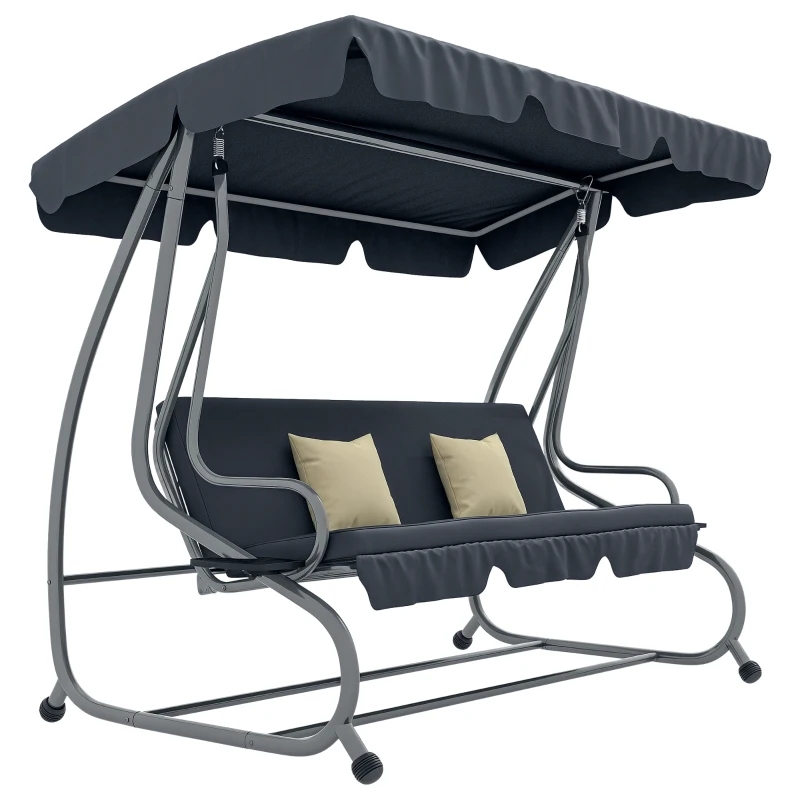 Outsunny 3-Seat Outdoor Patio Swing Canopy Chair, Converting Flat Bed with Adjustable Shade, Cushions, Cup Holder, Dark Grey