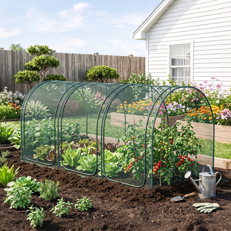 Outsunny 9' x 4' Crop Cage, Plant Protection Tent with Three Zippered Doors, Storage Bag and 4 Ground Stakes, for Garden, Yard, Lawn, Green