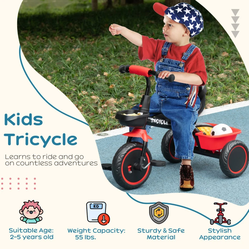 Qaba Tricycle for Toddlers Age 2-5 with Adjustable Seat, Toddler Bike with Storage Baskets for Girls and Boys, Red