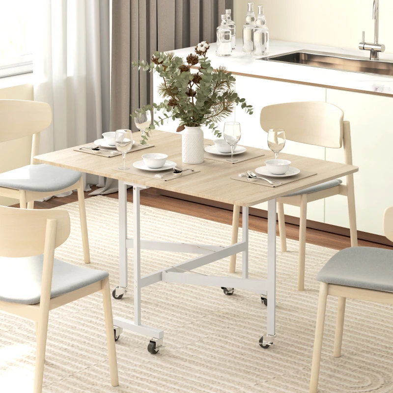 HOMCOM Six-Seater Drop-Leaf Dining Table with Wheels, Oak