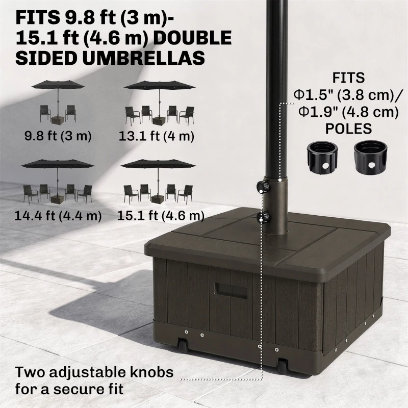 Outsunny 3-in-1 Outdoor Umbrella Base with Wheels and Handles, End Table, Flower Box Planter with Hole, 176 lbs. Capacity, Brown