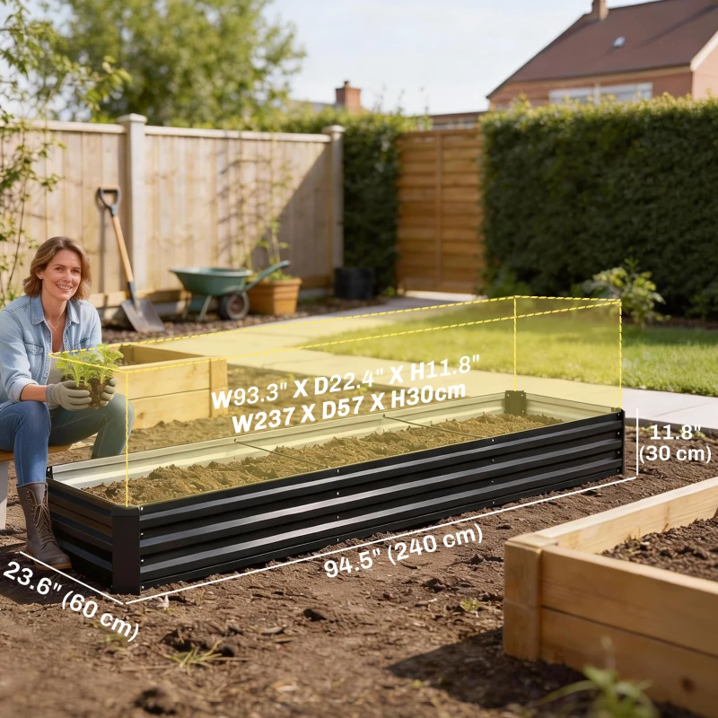 Outsunny 8'x2'x1' Galvanized Raised Bed, Large Elevated Planter Box for Growing Flowers, Herbs and Vegetables, Black