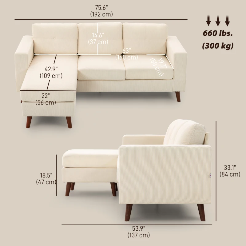 HOMCOM Sectional Sofa with Changeable Chaise Lounge, 3 Seat L-Shaped Sofa, Upholstered Couch for Small Space, Cream White