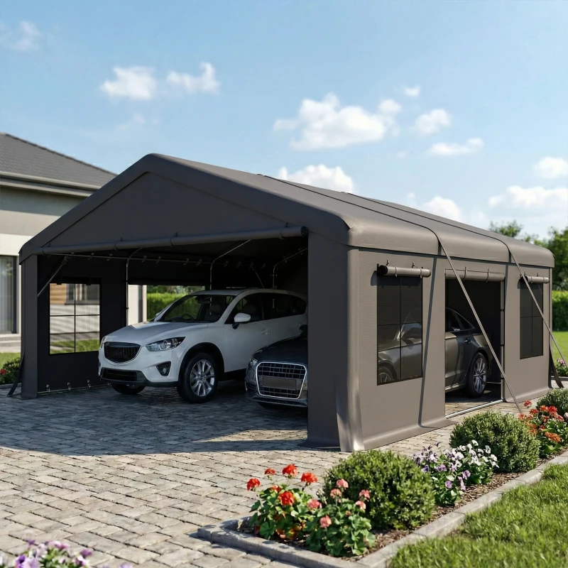 Outsunny 20' x 20' Heavy Duty Carport, Portable Garage Car Canopy Tent Shelter with 3 Roll-up Doors, 4 Windows, Dark Grey