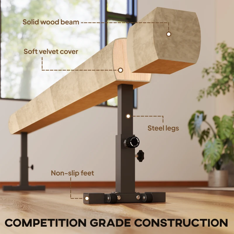 Soozier 7.5ft Adjustable Balance Beam, Gymnastics Beam with Wheels, Gymnastics Equipment for 6+ Years Old Training, Practice, and Professional Home Training, Brown