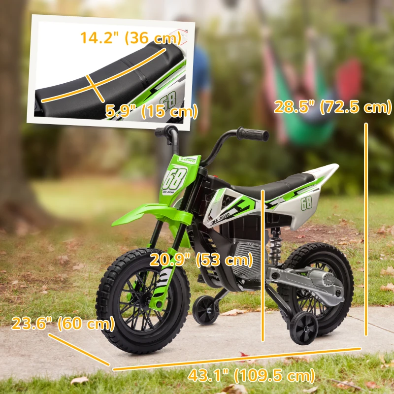 Qaba 12V Kids Dirt Bike, Electric Motorcycle with Twist Grip Throttle, Training Wheels, Rear Suspension & Music, Green