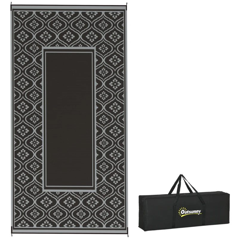 Outsunny Reversible Outdoor Rug, Waterproof Plastic Straw with Carry Bag, 9' x 18', Black & Gray Gourd Border