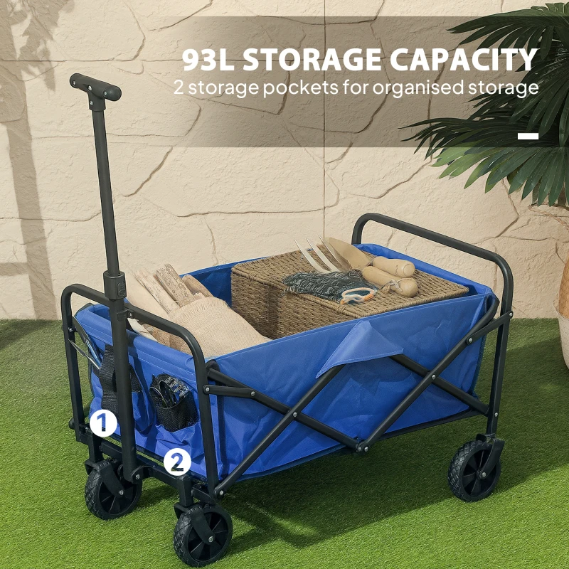 Outsunny Collapsible Folding Garden Cart, Heavy Duty Lawn Wagon with Universal Wheels and Adjustable Handle, Blue