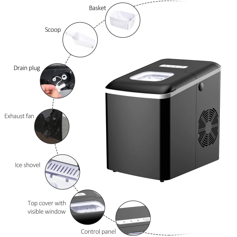 HOMCOM Portable Countertop Ice Maker Machine, 9 Cubes in 8 Minutes, Ice Machine for Freezer 27lbs/24H, Automatic Cleaning with Scoop and Basket for Kitchen Home Office Bar