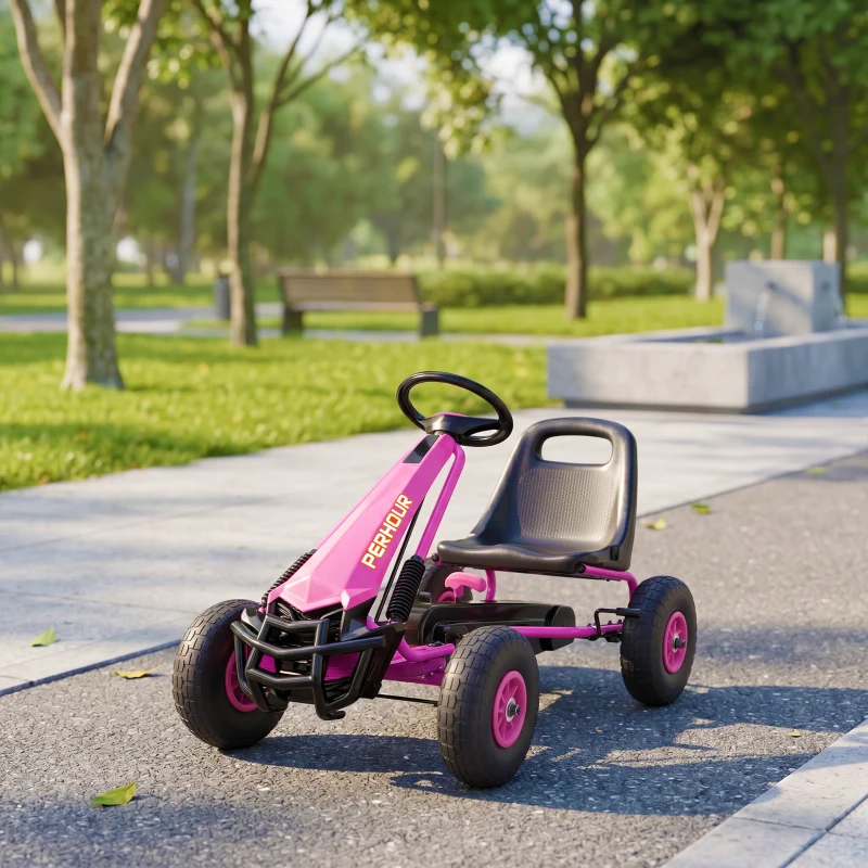 Qaba Kids Go Kart, Pedal Car with Adjustable Seat, EVA Wheels, Brake, for Boys & Girls Aged 3-8 Years Old, Pink
