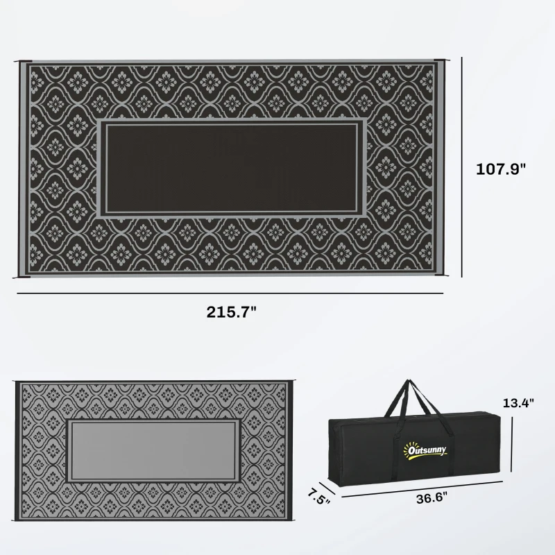 Outsunny Reversible Outdoor Rug, Waterproof Plastic Straw with Carry Bag, 9' x 18', Black & Gray Gourd Border