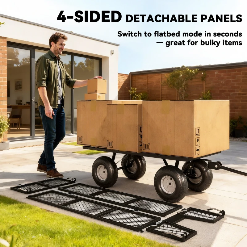 Outsunny Steel Garden Cart, Utility Wagon Cart with Removable Liner, Quick-Release Sides, 10" Wheels, 660lbs Capacity, Green
