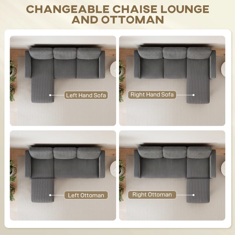 HOMCOM Sectional Sofa, L Shaped Couch, with Changeable Chaise or Ottoman, Dark Grey