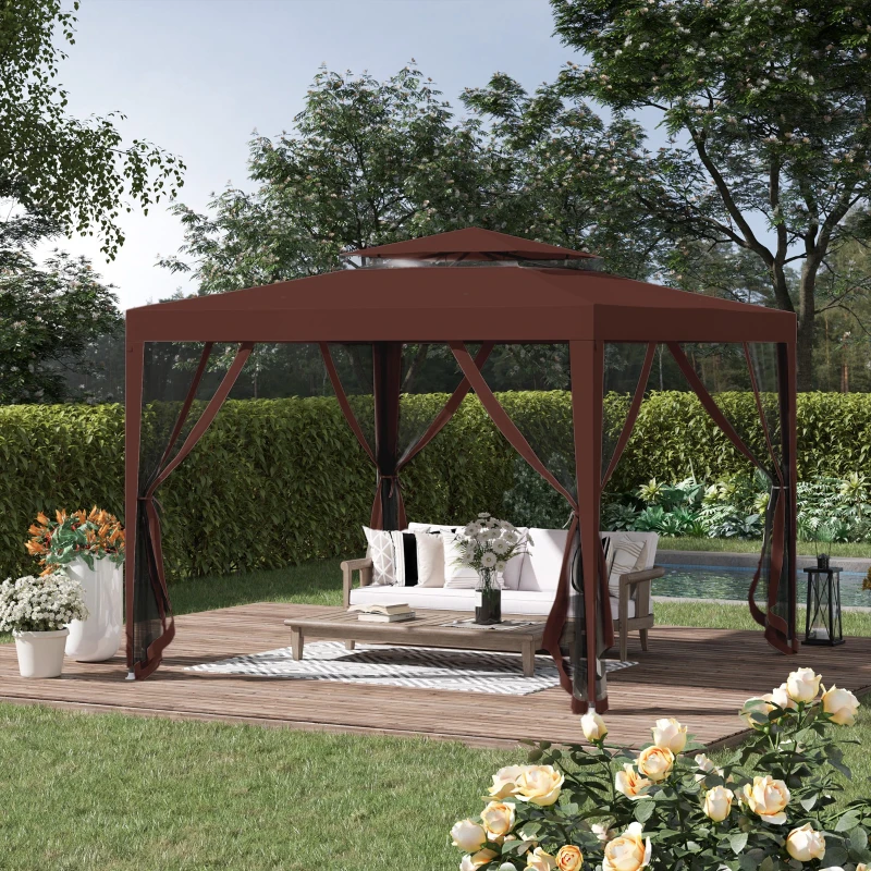 Outsunny 10' x 10' Outdoor Canopy Tent Party Tent with Mesh Netting and Double Tier Roof for Backyard, Garden, Patio, Brown