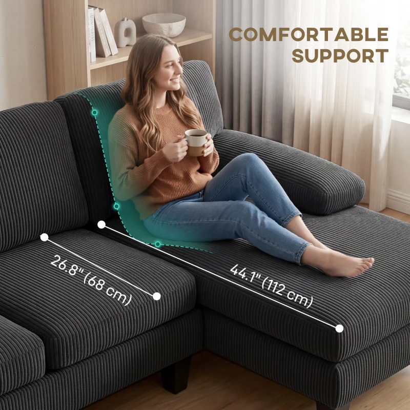 HOMCOM Sectional Sofa, U Shaped Couch with Double Chaise, Pillow-top Armrests and Spring Cushions, 2200lb Capacity, Dark Grey