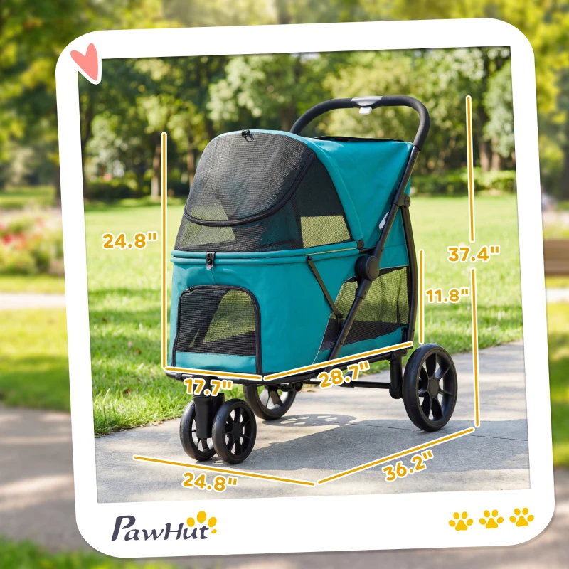 PawHut 3 Wheel Pet Stroller with Easy One-Click Quick Fold, Mesh Window, Washable Cushion, for Medium Dogs, Dark Green